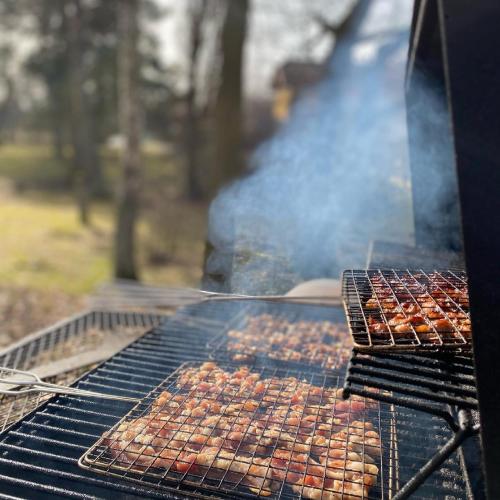 a grill with a bunch of food on it at Zlatý Klas in Mariánské Lázně
