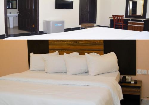 two pictures of a bed in a hotel room at Residency Apartment and Hotel Guzape Hills Abuja in Abuja
