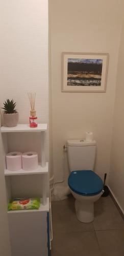 La salle de bains est pourvue de toilettes avec un siège bleu. dans l'établissement Le Couvent Saint Vincent, à Lyon