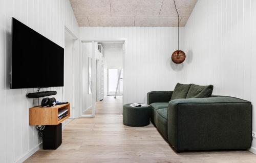 a living room with a green couch and a flat screen tv at Awesome Home In Løkken With Sauna in Løkken