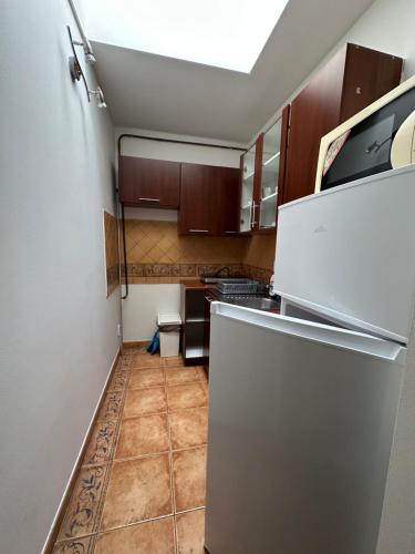 a kitchen with a white refrigerator and wooden cabinets at Penzion 4 Dvory in České Budějovice