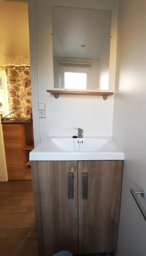 une salle de bain avec un lavabo et un miroir dans l'établissement Standing PREMI-HOME moderne et spacieux 25min Puy DuFou 700RC, à La Boissière-de-Montaigu