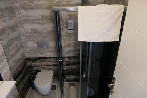 a bathroom with a toilet and a roll of toilet paper at Şahin Tepesi Suite Otel in Trabzon