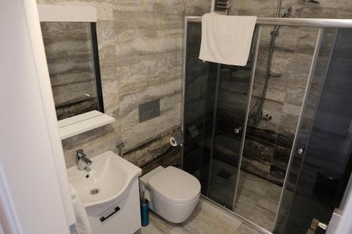 a bathroom with a toilet and a sink and a shower at Şahin Tepesi Suite Otel in Trabzon