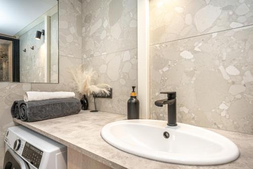 une salle de bain avec un lavabo et une machine à laver dans l'établissement Cozy loft in Vilnius city center, à Vilnius