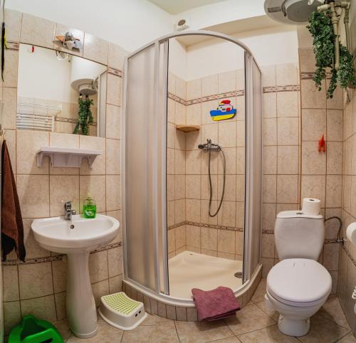 a bathroom with a shower and a toilet and a sink at Penzion Šumavous in Vimperk