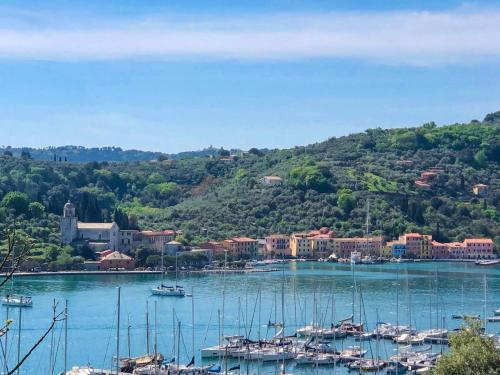 Er liggen boten in een haven. bij La Casetta in Le Grazie