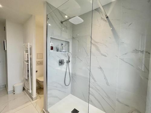 une douche avec une porte vitrée dans une salle de bain dans l'établissement Le Grand Large, spacieux F3 vue mer exceptionnelle avec parking, à Villers-sur-Mer