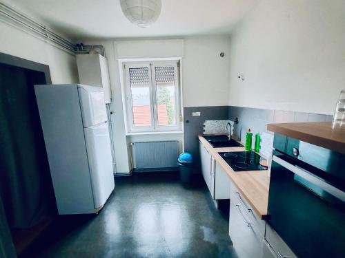 une cuisine avec un réfrigérateur blanc et un comptoir dans l'établissement Huitième Avenue Grand Parking Un Séjour à Part, à Metz