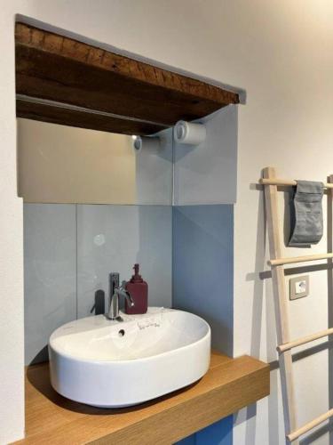 a bathroom with a white sink and a shelf at Casa I Merletti in Lunano