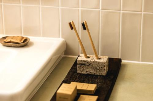 two wooden toothbrushes in a holder next to a toilet at Vila Kobdilj 1835 - Unique Stay in Karst Stone Villa in Štanjel