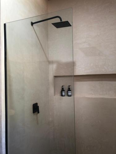 a shower with a glass door with two bottles at Stylish room in Punta Allen town in Punta Allen