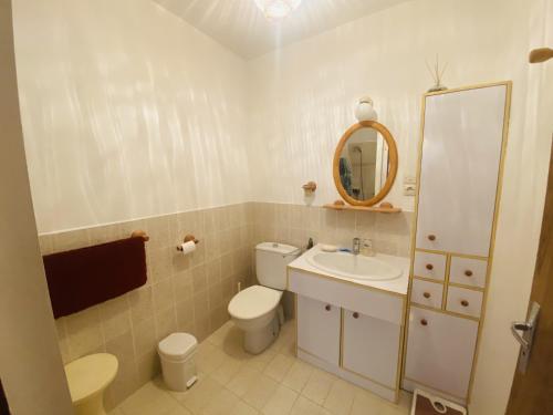 une salle de bain avec toilettes, lavabo et miroir dans l'établissement Maison 3 chambre quartier Boisvinet, à Saint-Gilles-Croix-de-Vie