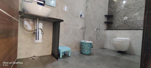 a bathroom with a toilet and a sink and a shower at Archana palace hampi in Hampi