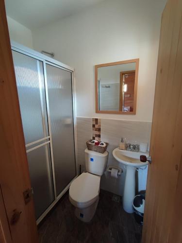 a bathroom with a toilet and a sink at villas de la montaña, Tona, Berlin Santander in Tona