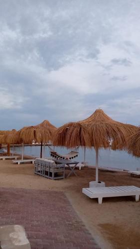a group of tables and straw umbrellas on a beach at Sun Beach Hotel Safaga in Hurghada
