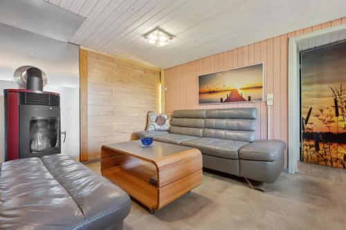 a living room with a leather couch and a fireplace at Ferienhaus Zeulenrodaer Meer in Stelzendorf
