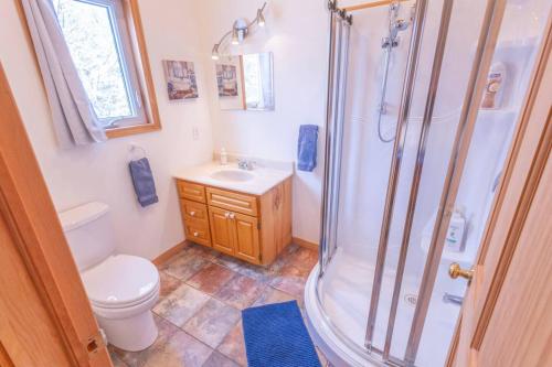 a bathroom with a shower and a toilet and a sink at Lake View Loft in Severn