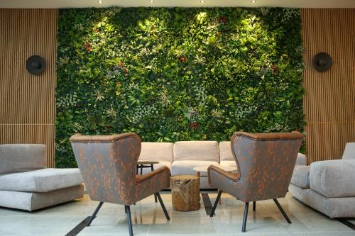 two chairs and a couch in front of a green wall at Hotel Mazurski Raj in Ruciane-Nida