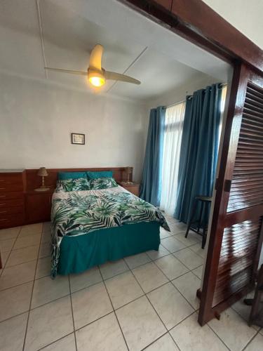 a bedroom with a bed and a ceiling fan at Amanzimtoti , 36 Ocean Breeze ,warner beach, kingsburg in Kingsburgh