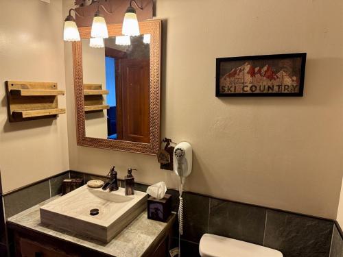 a bathroom with a sink and a mirror and a toilet at AS434 Ski-in Ski-out Penthouse Sleeps 6 in Snowshoe