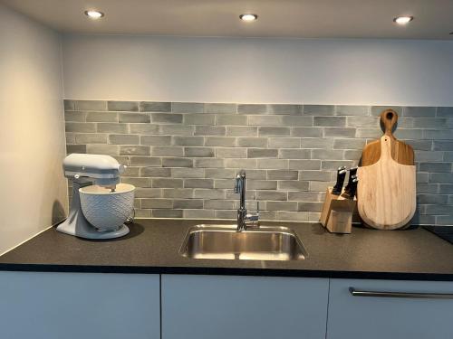 a kitchen counter with a sink and a mixer at Cozy little house in Aalborg