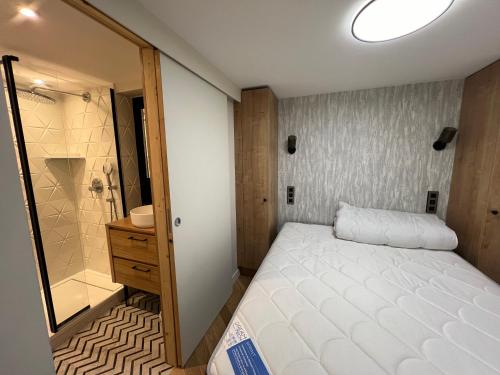une petite chambre avec un lit et une douche dans l'établissement Appartement AOKI C, à Valloire