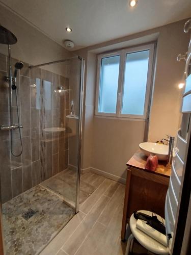 une salle de bain avec douche et lavabo dans l'établissement Villa Bougo 6 chambres, maison indépendante de 230m, à Étel