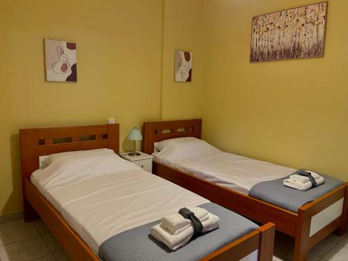 two twin beds in a room with yellow walls at Casa al Cuore Lefkas in Lefkada Town