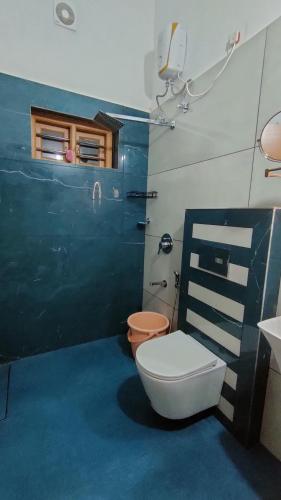 a bathroom with a toilet and a green door at Grace Villa Homestay, Cherupuzha in Peringom