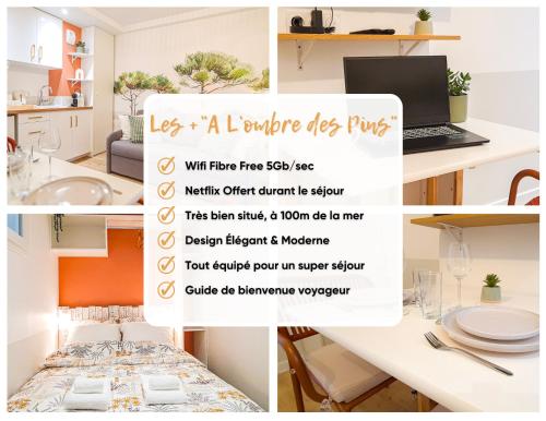 un collage de photos d'une cuisine et d'une salle à manger dans l'établissement A L'ombre des Pins, Appartement neuf, élégant, Parking gratuit, Netflix, au calme à 100m de l'océan, à Les Sables-dʼOlonne