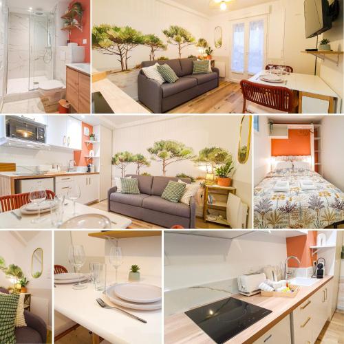 un collage de photos d'un salon et d'une cuisine dans l'établissement A L'ombre des Pins, Appartement neuf, élégant, Parking gratuit, Netflix, au calme à 100m de l'océan, à Les Sables-dʼOlonne