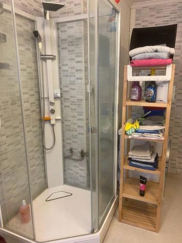 a shower with a glass door in a bathroom at 200 M TIL ALT to everything in Egersund