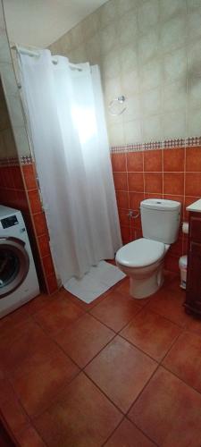a bathroom with a toilet and a washing machine at Casa El Nisperero in Fuencaliente de la Palma