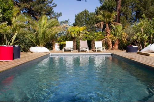 - une piscine avec 2 chaises longues et des palmiers dans l'établissement La Cabane des pins, à Lège-Cap-Ferret