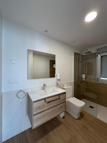 a bathroom with a sink and a toilet and a mirror at Apartamentos O Grove Awa Bay in O Grove