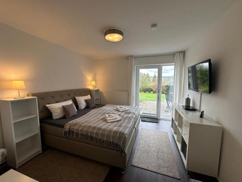 a bedroom with a bed and a tv and a window at Ferienlodge de Ferienwohnung in Schulenberg im Oberharz