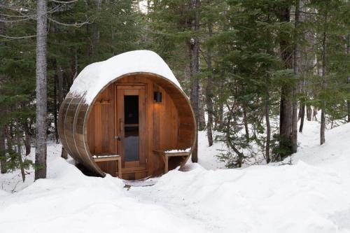 a wooden cabin in the woods in the snow at Au Grand Merisier : Chalet alpin in Petite-Rivière-Saint-François