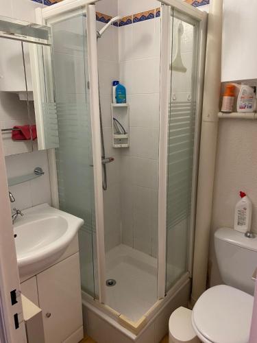 une salle de bain avec douche et lavabo dans l'établissement Au calme à Sanary, villaT2 climatisée pour 4 pers, à Sanary-sur-Mer