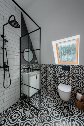 a bathroom with a shower and a toilet and a sink at Black Raven Cabin in Topliţa