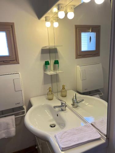 une salle de bain avec un lavabo et un miroir dans l'établissement Six Duplex à la montagne POMPIERY, à Seyne