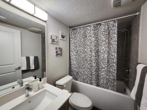 a bathroom with a sink and a toilet and a shower at Calgary Cozy Nest 2BR Suite in Calgary