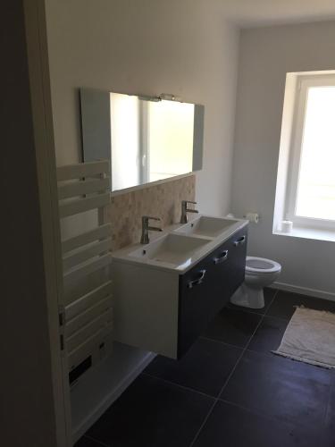 une salle de bain avec un lavabo et des toilettes dans l'établissement Gite gorges du Tarn, à Rivière-sur-Tarn