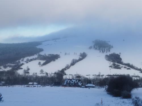 a snow covered hill with a ski lodge on it at Agroturystyka Pod Gruszą in Chyrowa