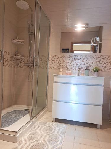 a bathroom with a shower and a sink at Casa Ramada in Vilar da Veiga