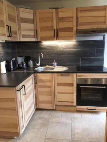 une cuisine avec un évier et une cuisinière dans l'établissement Appartement de charme familial aux CARROZ d ARACHES, à Arâches-la-Frasse