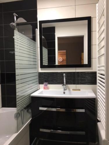 une salle de bain avec un lavabo, un miroir et une baignoire dans l'établissement Appartement de charme familial aux CARROZ d ARACHES, à Arâches-la-Frasse