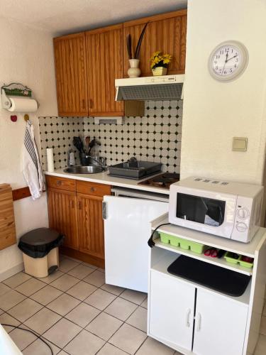 une petite cuisine avec un micro-ondes et une cuisinière dans l'établissement Appartement Lac de Payolle, à Campan