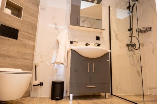 a bathroom with a sink and a shower at Hotel Alibabin Raj in Konjic