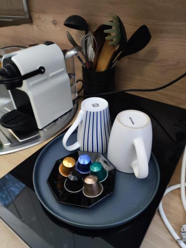 un plateau bleu avec une cafetière et une tasse dans l'établissement Jardin mini maison, à Saint-Ouen